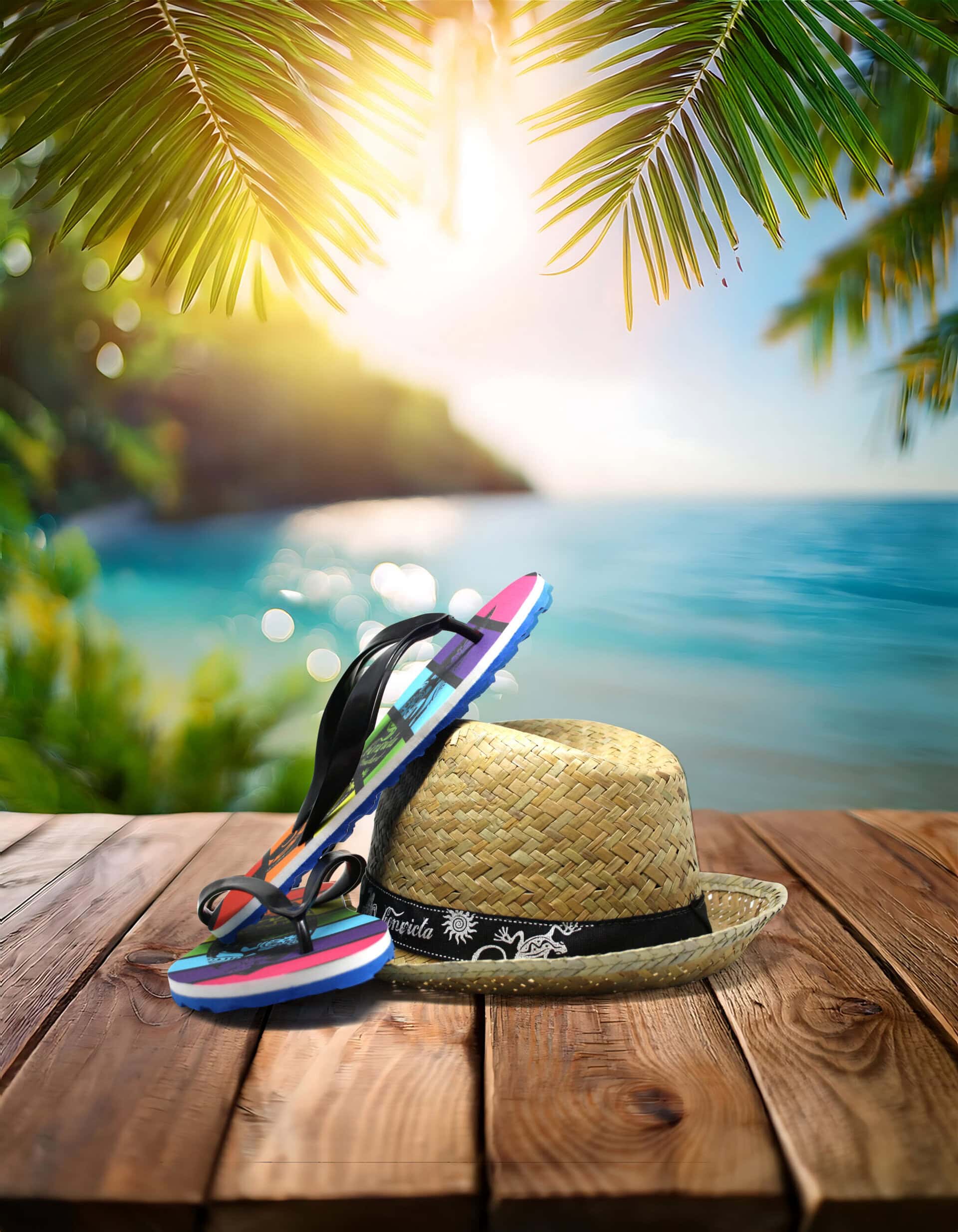 Strandhut und Flip-Flops auf Holztisch am Meer.