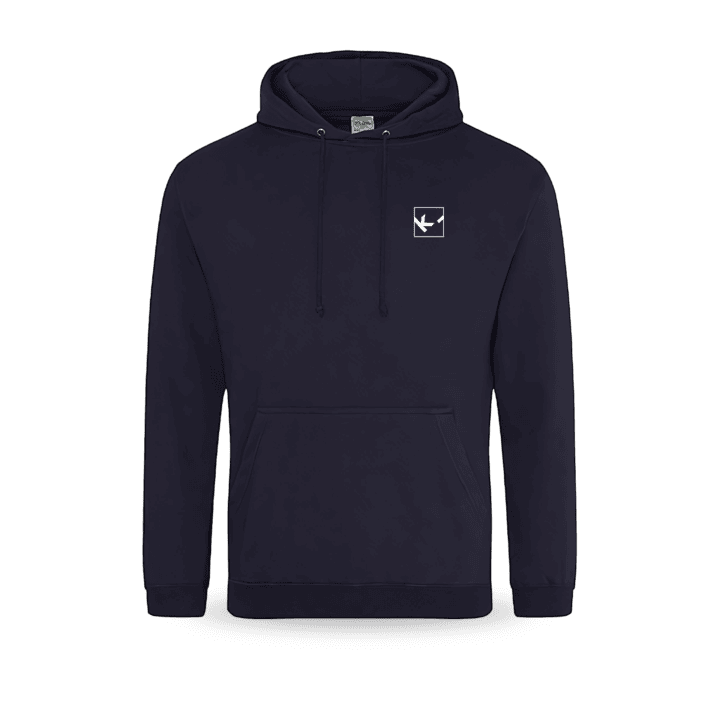 Schwarzer Hoodie mit weißem Vogel-Logo.