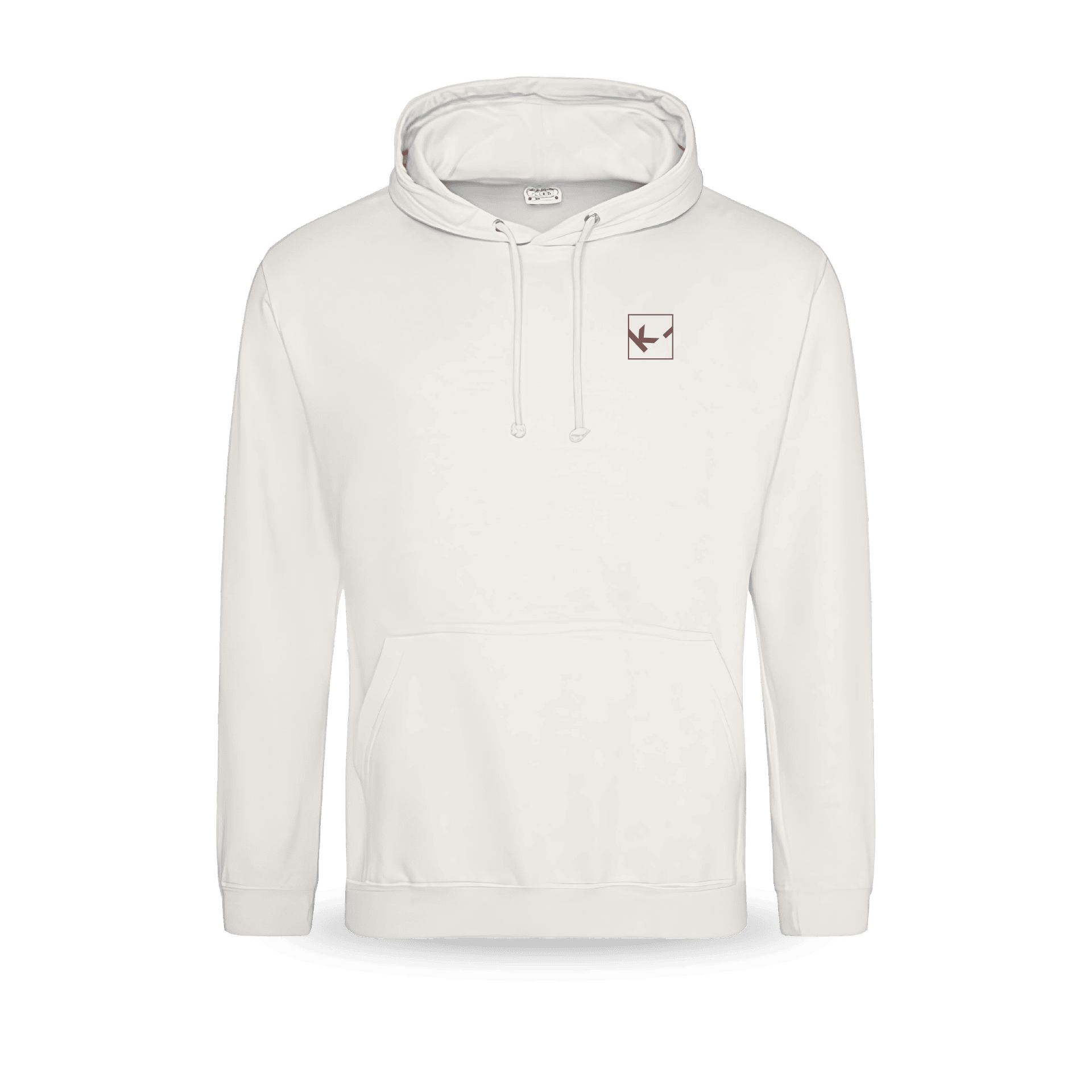 Weißer Hoodie mit Logo auf der Brust.